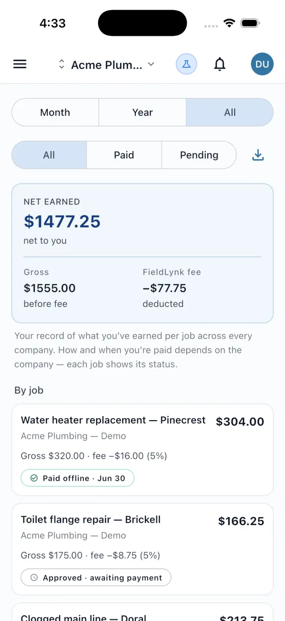 FieldLynk contractor earnings screen
