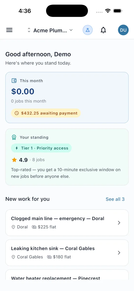 FieldLynk contractor home screen showing a new job alert
